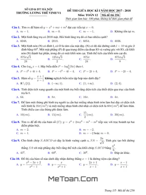Đề thi giữa học kỳ I môn Toán lớp 12 năm 2017 - 2018 trường THPT Lương Thế Vinh - Hà Nội