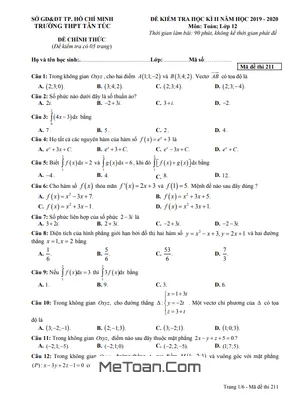Đề thi học kì 2 môn Toán lớp 12 năm 2019 - 2020 trường THPT Tân Túc - TP. HCM (có đáp án)