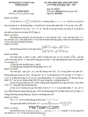 Đề thi chọn học sinh giỏi Toán THPT cấp tỉnh Yên Bái năm 2021 - 2022