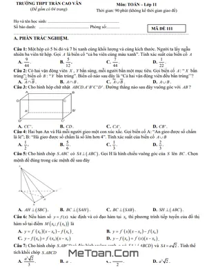 Đề thi học kỳ 2 môn Toán lớp 11 năm 2023 - 2024 trường THPT Trần Cao Vân - Quảng Nam (có đáp án)