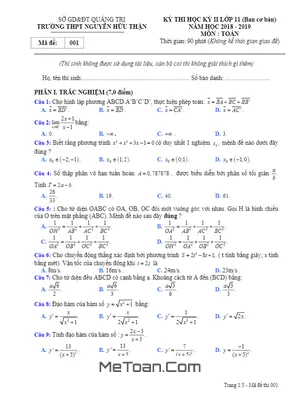 Đề thi HK2 Toán 11 năm 2018 - 2019 trường THPT Nguyễn Hữu Thận - Quảng Trị