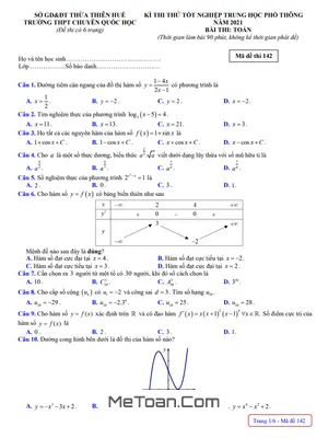 Đề thi thử Toán tốt nghiệp THPT 2021 lần 3 trường chuyên Quốc học Huế