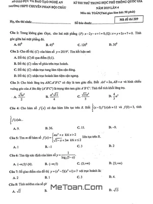 Đề thi thử Toán THPTQG 2019 trường chuyên Phan Bội Châu – Nghệ An lần 4