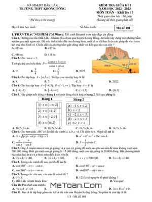 Đề Thi Giữa Kì 1 Toán 10 Năm 2022 - 2023 Trường THPT Krông Bông - Đắk Lắk