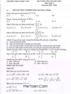 Đề Cương Ôn Tập Giữa Kì 1 Toán 9 Năm 2022 - 2023 Trường THCS Ngọc Lâm - Hà Nội