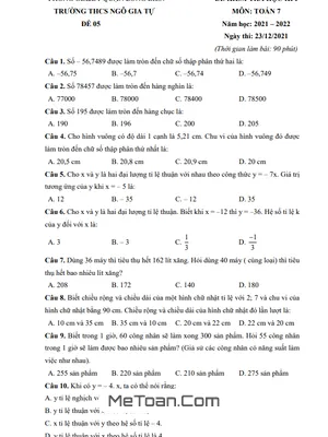 Đề thi học kì 1 Toán 7 năm 2021 - 2022 trường THCS Ngô Gia Tự - Hà Nội (có đáp án)