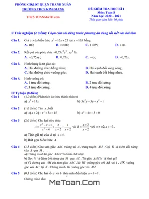 Đề thi học kì 1 Toán lớp 8 năm 2020 - 2021 trường THCS Kim Giang - Hà Nội