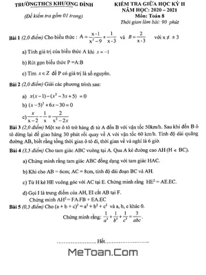 Đề thi giữa kỳ 2 môn Toán lớp 8 năm 2020 - 2021 trường THCS Khương Đình - Hà Nội