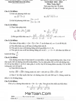 Đề thi học kì 1 Toán 9 năm 2022 - 2023 phòng GD&ĐT TP. Hải Dương