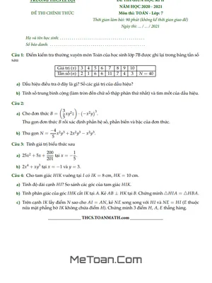 Đề thi giữa kì 2 Toán 7 năm 2020 - 2021 trường THCS Lê Lợi - TP HCM