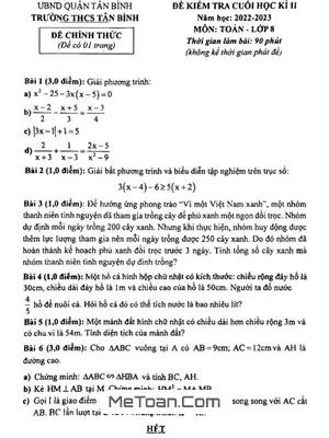 Đề thi học kì 2 Toán lớp 8 năm 2022 - 2023 trường THCS Tân Bình - TP.HCM