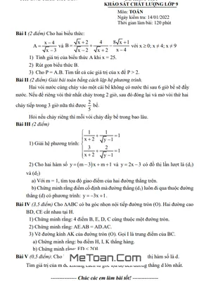 Đề khảo sát chất lượng Toán 9 năm 2021 - 2022 trường THCS Tây Sơn - Hà Nội