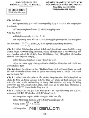 Đề thi Cuối Kỳ 2 Toán 9 năm 2023 - 2024 phòng GD&ĐT Bình Tân - TP HCM