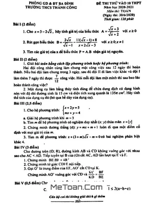 Đề thi thử vào lớp 10 môn Toán năm 2020 - 2021 trường THCS Thành Công - Hà Nội