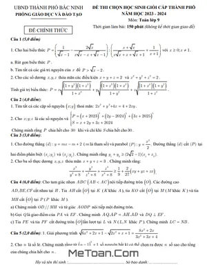 Đề thi học sinh giỏi Toán 9 năm 2023 - 2024 phòng GD&ĐT thành phố Bắc Ninh