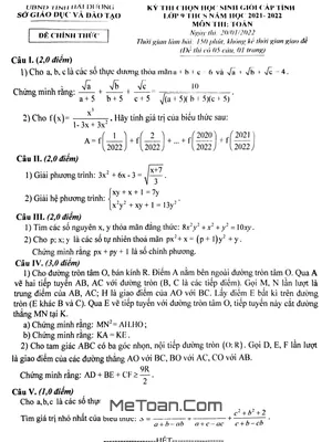 Đề thi HSG Toán 9 cấp tỉnh năm 2021-2022 sở GD&ĐT Hải Dương