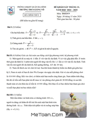 Đề khảo sát tháng 11 Toán 9 năm 2024 - 2025 trường THCS Giảng Võ - Hà Nội