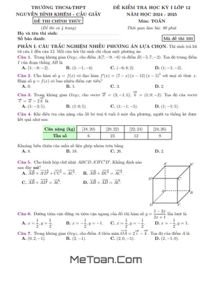 Đề thi học kỳ 1 Toán 12 năm 2024 - 2025 trường Nguyễn Bỉnh Khiêm – Hà Nội