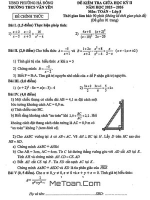 Đề Thi Giữa Kỳ 2 Toán 8 Năm 2025-2026 Trường THCS Văn Yên, Hà Nội - Kèm Lời Giải Chi Tiết