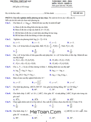 Đề khảo sát lần 2 Toán 11 năm 2023 – 2024 trường THPT Kẻ Sặt – Hải Dương
