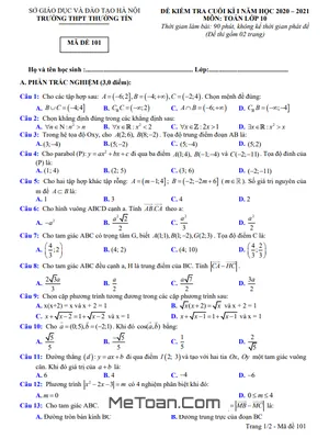 Đề thi cuối kì 1 Toán 10 năm 2020 - 2021 trường THPT Thường Tín - Hà Nội