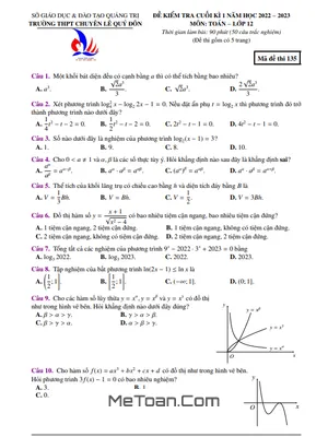 Đề Thi Cuối Kì 1 Toán 12 Năm 2022 - 2023 Trường Chuyên Lê Quý Đôn - Quảng Trị