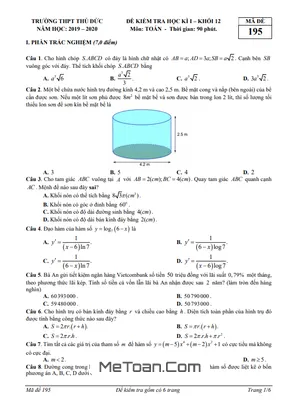 Đề kiểm tra học kì 1 Toán 12 năm 2019 - 2020 trường THPT Thủ Đức - TP HCM
