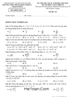 Đề thi giữa kỳ 2 Toán 10 năm 2022 – 2023 trường THPT Phùng Khắc Khoan – Hà Nội