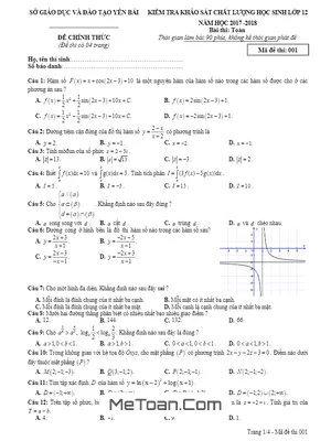 Đề kiểm tra KSCL Toán 12 năm học 2017 - 2018 sở GD&ĐT Yên Bái