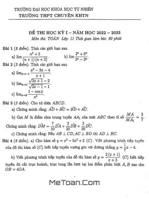 Đề thi học kì 1 Toán 11 năm 2022 – 2023 trường chuyên KHTN Hà Nội