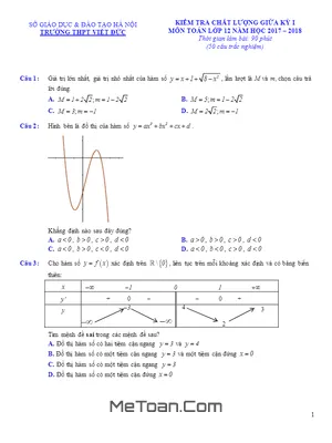 Đề thi giữa kì 1 Toán 12 năm 2017-2018 trường THPT Việt Đức - Hà Nội - Có lời giải