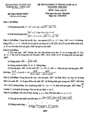 Đề thi Olympic 27/4 môn Toán lớp 10 năm 2020-2021 - Sở GD&ĐT Bà Rịa - Vũng Tàu