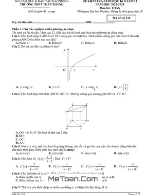 Đề Thi Cuối Kì 2 Toán 11 Năm 2023 - 2024 Trường THPT Toàn Thắng – Hải Phòng