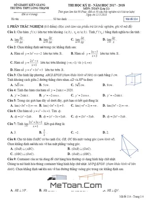 Đề thi học kỳ 2 Toán 11 năm 2017 - 2018 trường THPT Long Thạnh - Kiên Giang (có đáp án)