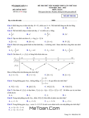 Đề thi thử tốt nghiệp THPT 2022 môn Toán lần 2 Sở GD&ĐT Sơn La (Mã đề 101)