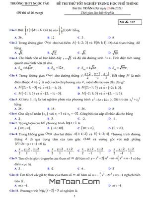 Đề thi thử tốt nghiệp THPT 2021 môn Toán trường THPT Ngọc Tảo - Hà Nội (Mã đề 132)