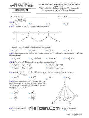Đề thi thử Toán THPTQG 2018 trường THPT Đoàn Thượng - Hải Dương lần 3 (có đáp án)