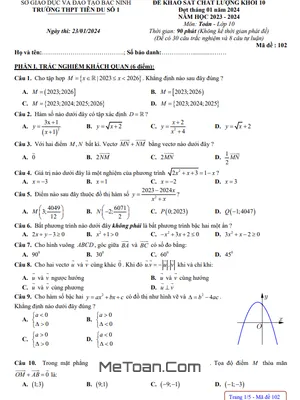 Đề khảo sát Toán 10 đợt tháng 01 năm 2024 trường THPT Tiên Du 1 - Bắc Ninh