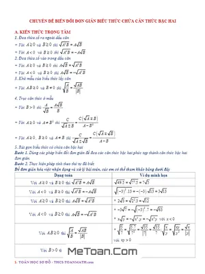 Chuyên Đề Biến Đổi Đơn Giản Biểu Thức Chứa Căn Thức Bậc Hai