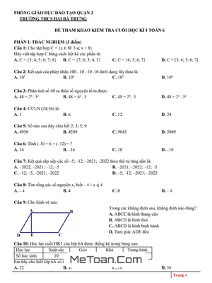 Đề Tham Khảo Học Kì 1 Toán 6 Năm 2022 - 2023 Trường THCS Hai Bà Trưng - TP HCM