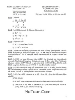 Đề thi học kỳ 1 Toán lớp 8 năm 2019 - 2020 phòng GD&ĐT Củ Chi - TP HCM