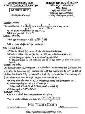 Đề kiểm tra học kì 1 Toán 9 năm 2022 – 2023 phòng GD&ĐT Long Biên – Hà Nội