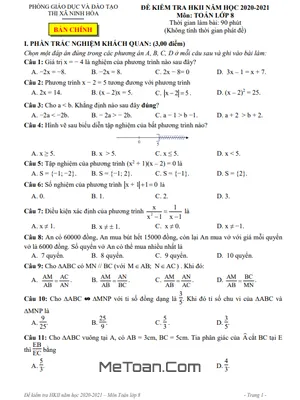 Đề thi học kì 2 Toán 8 năm 2020 - 2021 phòng GD&ĐT Ninh Hòa (có lời giải)
