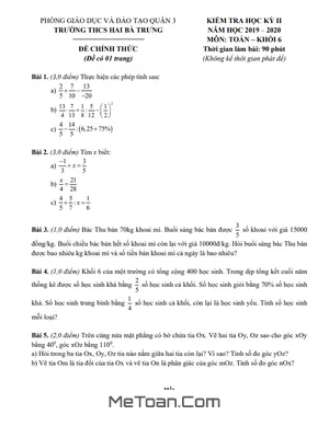 Đề thi HK2 Toán lớp 6 năm 2019 - 2020 trường THCS Hai Bà Trưng - TP.HCM (Có lời giải)
