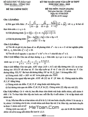 Đề thi tuyển sinh lớp 10 môn Toán (chuyên) năm 2024 - 2025 sở GD&ĐT Bà Rịa - Vũng Tàu
