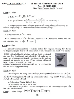 Đề thi thử Toán vào 10 lần 3 năm 2023 – 2024 phòng GD&ĐT Diễn Châu – Nghệ An