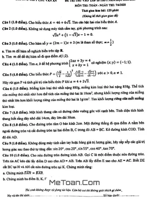 Đề thi thử vào lớp 10 môn Toán trường THPT Chu Văn An - Hà Nội năm 2020 - 2021