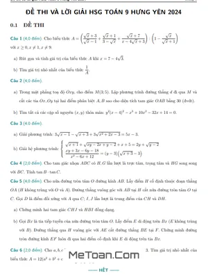 Đề thi học sinh giỏi cấp tỉnh môn Toán lớp 9 năm 2023 - 2024 Sở GD&ĐT Hưng Yên