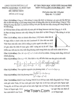 Đề thi HSG Toán 9 cấp thành phố Đà Lạt năm học 2021 - 2022