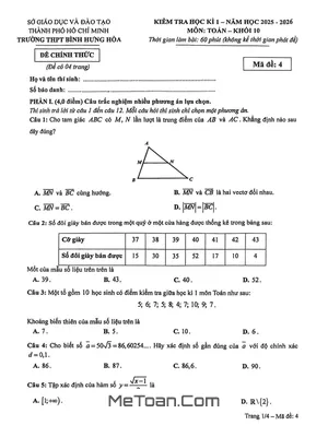 Đề thi học kì 1 Toán 10 năm 2025 – 2026 trường THPT Bình Hưng Hòa – TP.HCM
